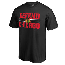 Load image into Gallery viewer, Chicago Blackhawks Hometown Collection Defend T-Shirt - Black NHL Guys Tee
