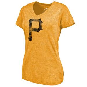 Pittsburgh Pirates Women's Distressed Team Tri-Blend V-Neck T-Shirt - Heathered Gold MLB Ladies V-Neck