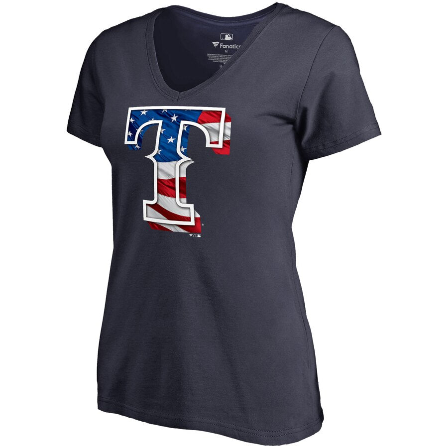 Texas Rangers Women's 2019 Stars & Stripes Banner Wave V-Neck T-Shirt - Navy MLB Ladies V-Neck