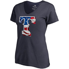 Load image into Gallery viewer, Texas Rangers Women&#39;s 2019 Stars &amp; Stripes Banner Wave V-Neck T-Shirt - Navy MLB Ladies V-Neck
