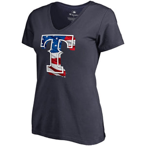 Texas Rangers Women's 2019 Stars & Stripes Banner Wave V-Neck T-Shirt - Navy MLB Ladies V-Neck