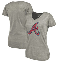 Load image into Gallery viewer, Atlanta Braves Women&#39;s Distressed Team Tri-Blend V-Neck T-Shirt - Heathered Gray MLB Ladies V-Neck
