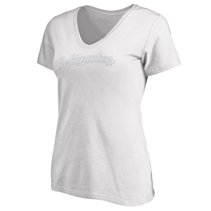 Milwaukee Brewers Women's 2019 Players' Weekend Wordmark V-Neck T-Shirt - White MLB Ladies V-Neck