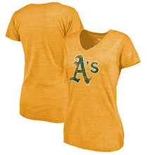 Load image into Gallery viewer, Oakland Athletics Women&#39;s Distressed Team Tri-Blend V-Neck T-Shirt - Heathered Gold MLB Ladies V-Neck
