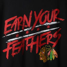 Load image into Gallery viewer, Chicago Blackhawks Rinkside Hometown Collection Earn Your Feathers T-Shirt - Black NHL Guys Tee

