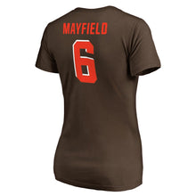 Load image into Gallery viewer, Baker Mayfield Cleveland Browns Nfl Pro Line By Women&#39;s Stack Name &amp; Number T-Shirt - Brown NFL LADIES V-Neck
