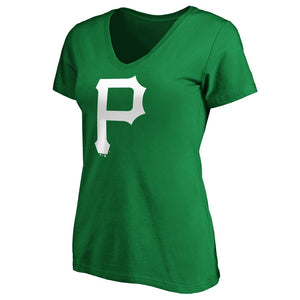 Pittsburgh Pirates Women's St. Patrick's Day White Team Logo V-Neck T-Shirt - Green MLB Ladies V-Neck
