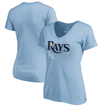Load image into Gallery viewer, Tampa Bay Rays Women&#39;s Team Lockup T-Shirt - Light Blue MLB Ladies V-Neck
