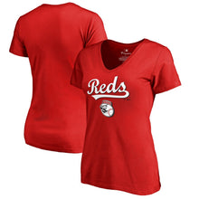 Load image into Gallery viewer, Cincinnati Reds Women&#39;s Team Lockup T-Shirt - Red MLB Ladies V-Neck
