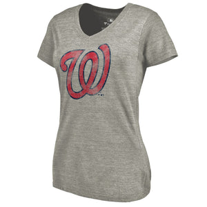 Washington Nationals Women's Distressed Team Tri-Blend V-Neck T-Shirt - Heathered Gray MLB Ladies V-Neck