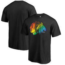 Load image into Gallery viewer, Chicago Blackhawks Rainbow Pride Logo T-Shirt - Black NHL Guys Tee

