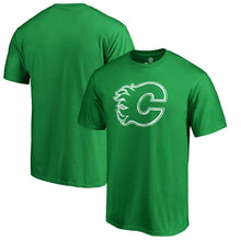 Load image into Gallery viewer, Calgary Flames St. Patrick's Day White Logo T-Shirt - Green NHL Guys Tee
