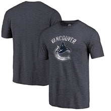 Load image into Gallery viewer, Vancouver Canucks Distressed Team Primary Logo Tri-Blend T-Shirt - Navy NHL Guys Tee
