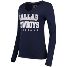 Load image into Gallery viewer, Dallas Cowboys Women's Practice Glitter Long Sleeve T-Shirt - Navy NFL Ladies V-Neck Long Sleeve
