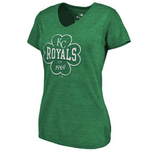 Load image into Gallery viewer, Kansas City Royals Women&#39;s 2019 St. Patrick&#39;s Day Emerald Isle Tri-Blend V-Neck T-Shirt - Heather Kelly Green MLB Ladies V-Neck
