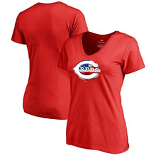 Load image into Gallery viewer, Cincinnati Reds Women&#39;s 2019 Stars &amp; Stripes Banner Wave Plus Size V-Neck T-Shirt - Red MLB Ladies V-Neck
