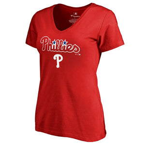Philadelphia Phillies Women's Team Lockup T-Shirt - Red MLB Ladies V-Neck