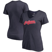 Load image into Gallery viewer, Cleveland Indians Women&#39;s Team Wordmark V-Neck T-Shirt - Navy MLB Ladies V-Neck
