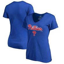 Load image into Gallery viewer, Philadelphia Phillies Women&#39;s Team Lockup T-Shirt - Royal MLB Ladies V-Neck

