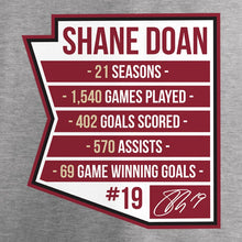 Load image into Gallery viewer, Shane Doan Arizona Coyotes Retirement Stats T-Shirt - Heather Gray NHL Guys Tee
