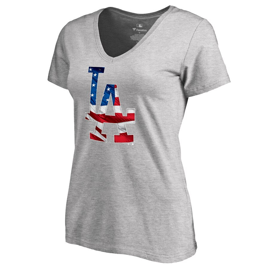 Los Angeles Dodgers Women's 2019 Stars & Stripes Banner Wave V-Neck T-Shirt - Heather Gray MLB Ladies V-Neck