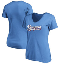 Load image into Gallery viewer, Texas Rangers Women&#39;s 2020 Alternate Wordmark V-Neck T-Shirt - Light Blue MLB Ladies V-Neck
