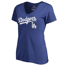 Load image into Gallery viewer, Los Angeles Dodgers Women&#39;s Team Lockup V-Neck T-Shirt - Royal MLB Ladies V-Neck
