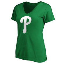 Load image into Gallery viewer, Philadelphia Phillies Women&#39;s St. Patrick&#39;s Day White Team Logo V-Neck T-Shirt - Green MLB Ladies V-Neck
