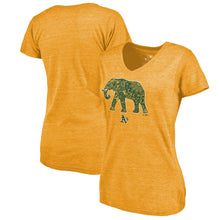 Load image into Gallery viewer, Oakland Athletics Women&#39;s Hometown Collection Stomper V-Neck Tri-Blend T-Shirt - Gold MLB Ladies V-Neck
