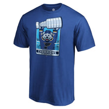 Load image into Gallery viewer, St. Louis Blues 2019 Stanley Cup Champions Banner Collection Mascot T-Shirt - Royal NHL Guys Tee
