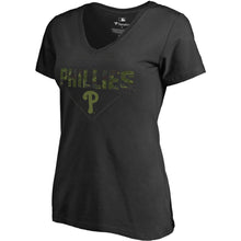 Load image into Gallery viewer, Philadelphia Phillies Women&#39;s Plus Size Camo T-Shirt - Black MLB Ladies V-Neck

