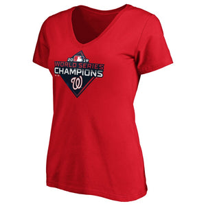 Washington Nationals Women's 2019 World Series Champions Logo V-Neck T-Shirt - Red MLB Ladies V-Neck