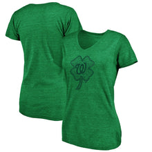 Load image into Gallery viewer, Washington Nationals Women&#39;s St. Patrick&#39;s Day Paddy&#39;s Pride Tri-Blend V-Neck T-Shirt - Heathered Kelly Green MLB Ladies V-Neck
