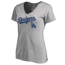 Load image into Gallery viewer, Los Angeles Dodgers Women&#39;s Plus Sizes Team Lockup T-Shirt - Ash MLB Ladies V-Neck
