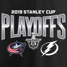 Load image into Gallery viewer, Columbus Blue Jackets Vs. Tampa Bay Lightning 2019 Stanley Cup Playoffs Matchup Checking The Boards T-Shirt - Black NHL Guys Tee
