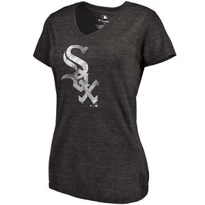 Chicago White Sox Women's Primary Distressed Team Tri-Blend V-Neck T-Shirt - Heathered Black MLB Ladies V-Neck