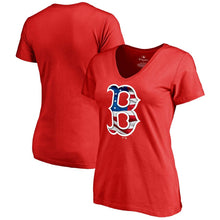 Load image into Gallery viewer, Boston Red Sox Women&#39;s 2019 Stars &amp; Stripes Banner Wave V-Neck T-Shirt - Red MLB Ladies V-Neck
