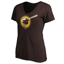 Load image into Gallery viewer, San Diego Padres Women&#39;s Swinging Friar Logo V-Neck T-Shirt - Brown MLB Ladies V-Neck
