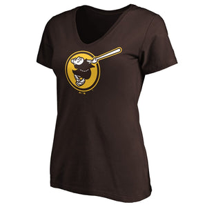 San Diego Padres Women's Swinging Friar Logo V-Neck T-Shirt - Brown MLB Ladies V-Neck