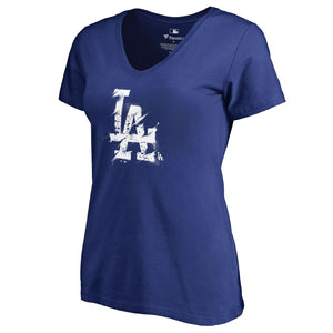 Los Angeles Dodgers Women's Splatter Logo V-Neck T-Shirt - Royal MLB Ladies V-Neck