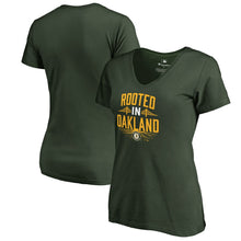 Load image into Gallery viewer, Oakland Athletics Women&#39;s Hometown Collection Rooted V-Neck T-Shirt - Green MLB Ladies V-Neck
