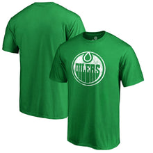 Load image into Gallery viewer, Edmonton Oilers St. Patrick's Day White Logo T-Shirt - Green NHL Guys Tee
