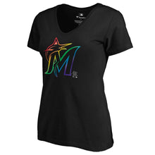 Load image into Gallery viewer, Miami Marlins Women&#39;s Pride T-Shirt - Black MLB Ladies V-Neck
