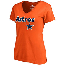 Load image into Gallery viewer, Houston Astros Women&#39;s Cooperstown Collection Wahconah V-Neck T-Shirt - Orange MLB Ladies V-Neck
