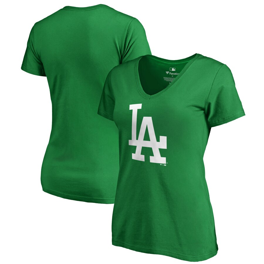 Los Angeles Dodgers Women's St. Patrick's Day White Logo Plus Size V-Neck T-Shirt - Kelly Green MLB Ladies V-Neck