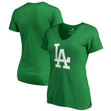 Load image into Gallery viewer, Los Angeles Dodgers Women&#39;s St. Patrick&#39;s Day White Logo Plus Size V-Neck T-Shirt - Kelly Green MLB Ladies V-Neck
