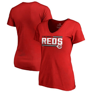 Cincinnati Reds Women's Onside Stripe V-Neck T-Shirt - Red MLB Ladies V-Neck