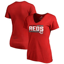 Load image into Gallery viewer, Cincinnati Reds Women&#39;s Onside Stripe V-Neck T-Shirt - Red MLB Ladies V-Neck
