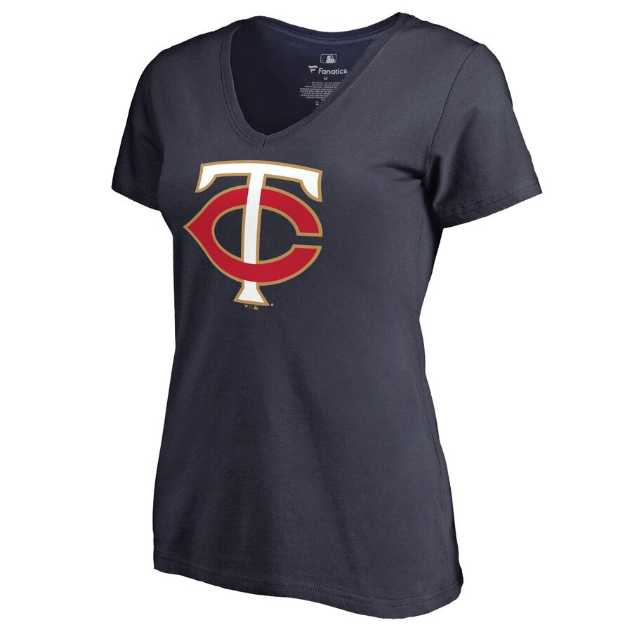 Minnesota Twins Women's Team Color Primary Logo V-Neck T-Shirt - Navy MLB Ladies V-Neck