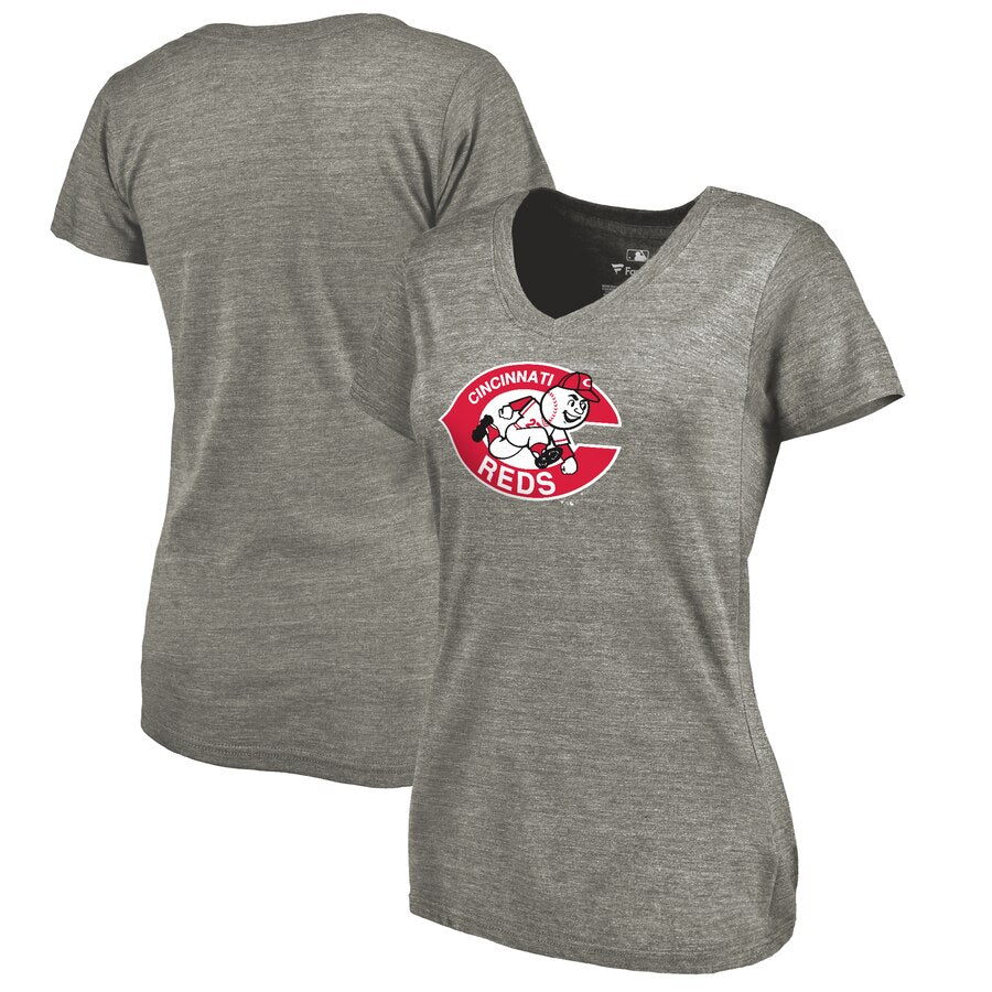 Cincinnati Reds Women's Cooperstown Collection Forbes Tri-Blend V-Neck T-Shirt - Ash MLB Ladies V-Neck
